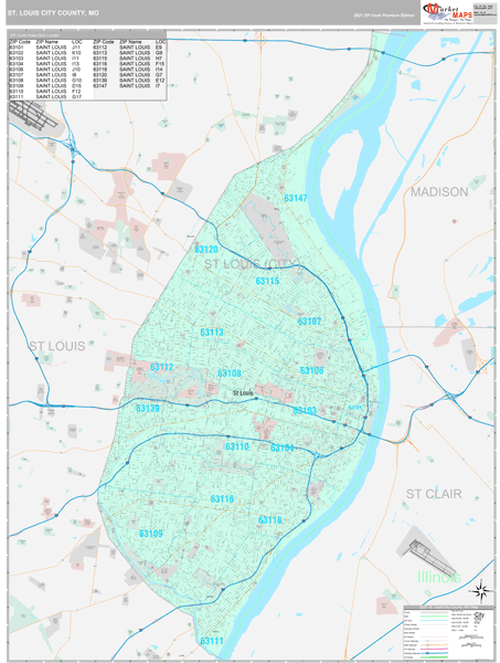 St. Louis City County, MO Wall Map Premium Style